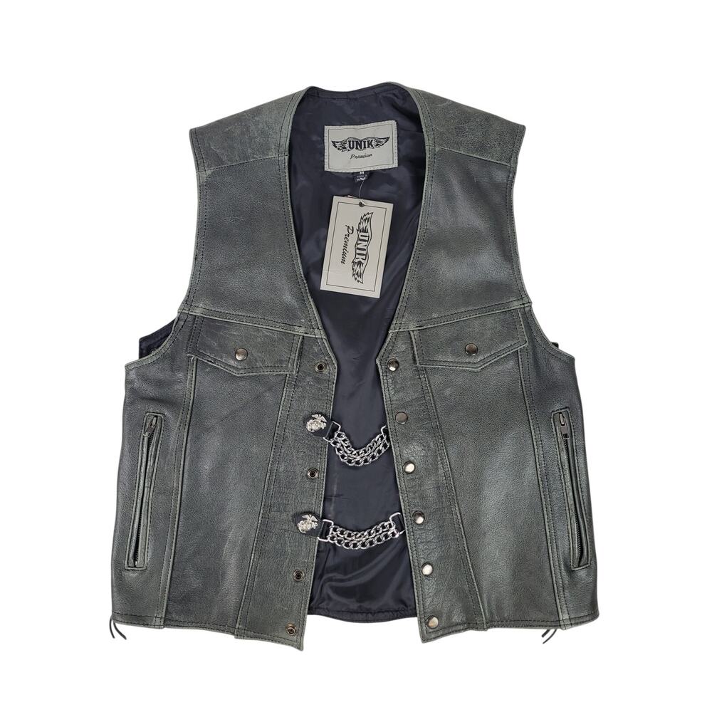 Unik Premium Distressed Grey Leather Motorcycle Vest w Front Chain Men's Sz M